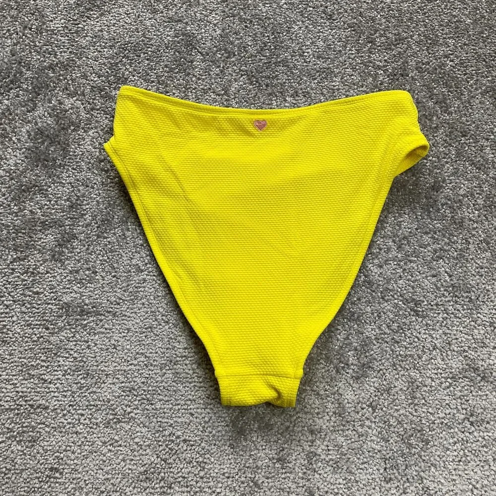 Stoney Clover Bikini Bottom Womens Small Solid Yellow Textured High Rise Beach